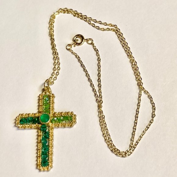Vintage Gold Bead Cross Pendant Necklace Green Hand Beaded Plated 18" Christian - Picture 6 of 10